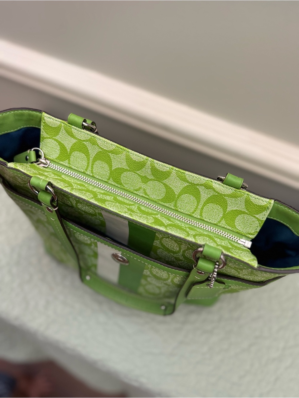 Coach Green Logo Stripe Tote with White Accent - Picture 9 of 11
